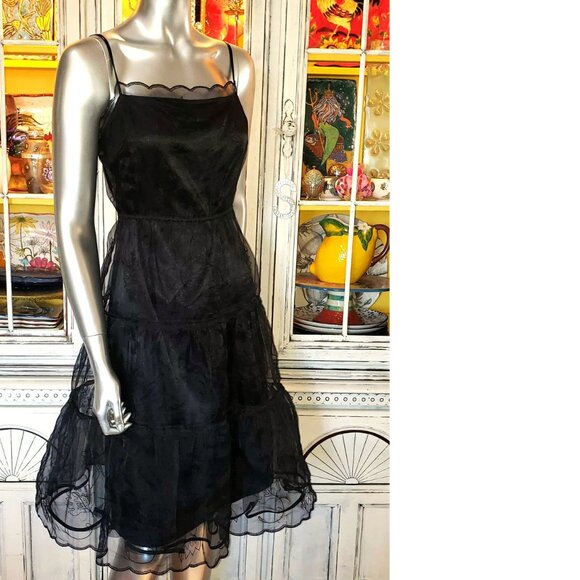 Vintage Betsey Johnson New York Sheer Black Embroidered Tiered Slip Dress 6 S - Picture 11 of 16